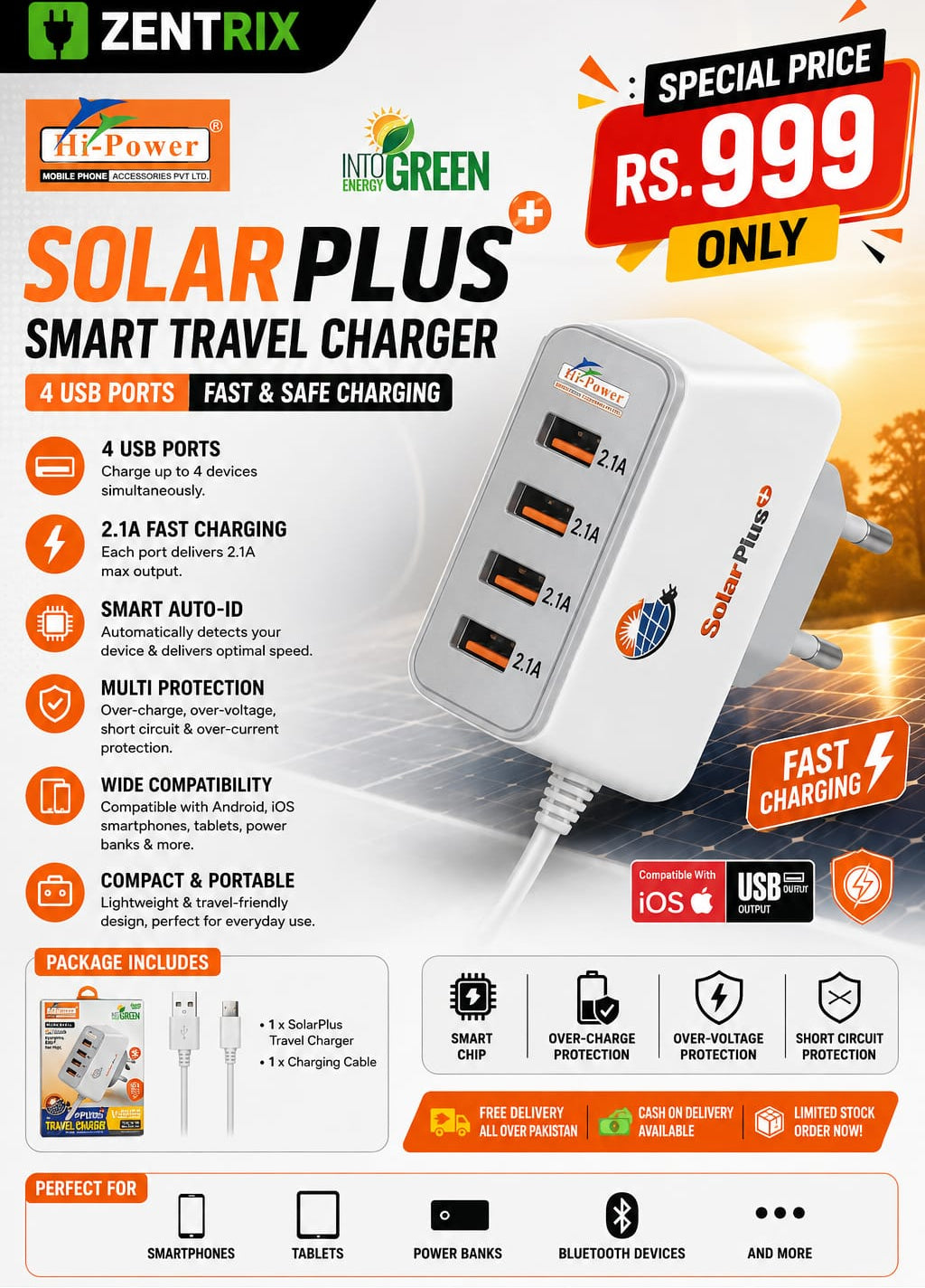 Hi-Power Solar Plus Smart Travel Charger – 4 USB Ports