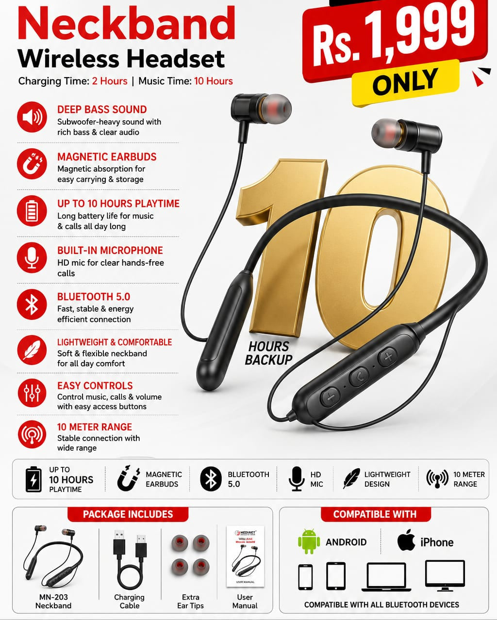 MEDIANET MN-203 Wireless Neckband Headset