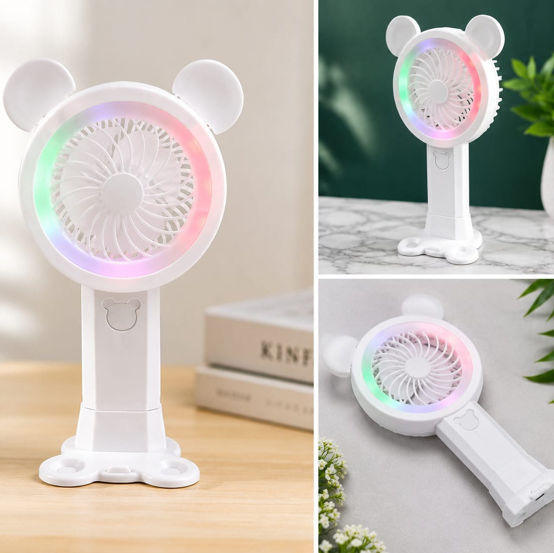 Cute Bear LED Handheld Fan – USB Rechargeable