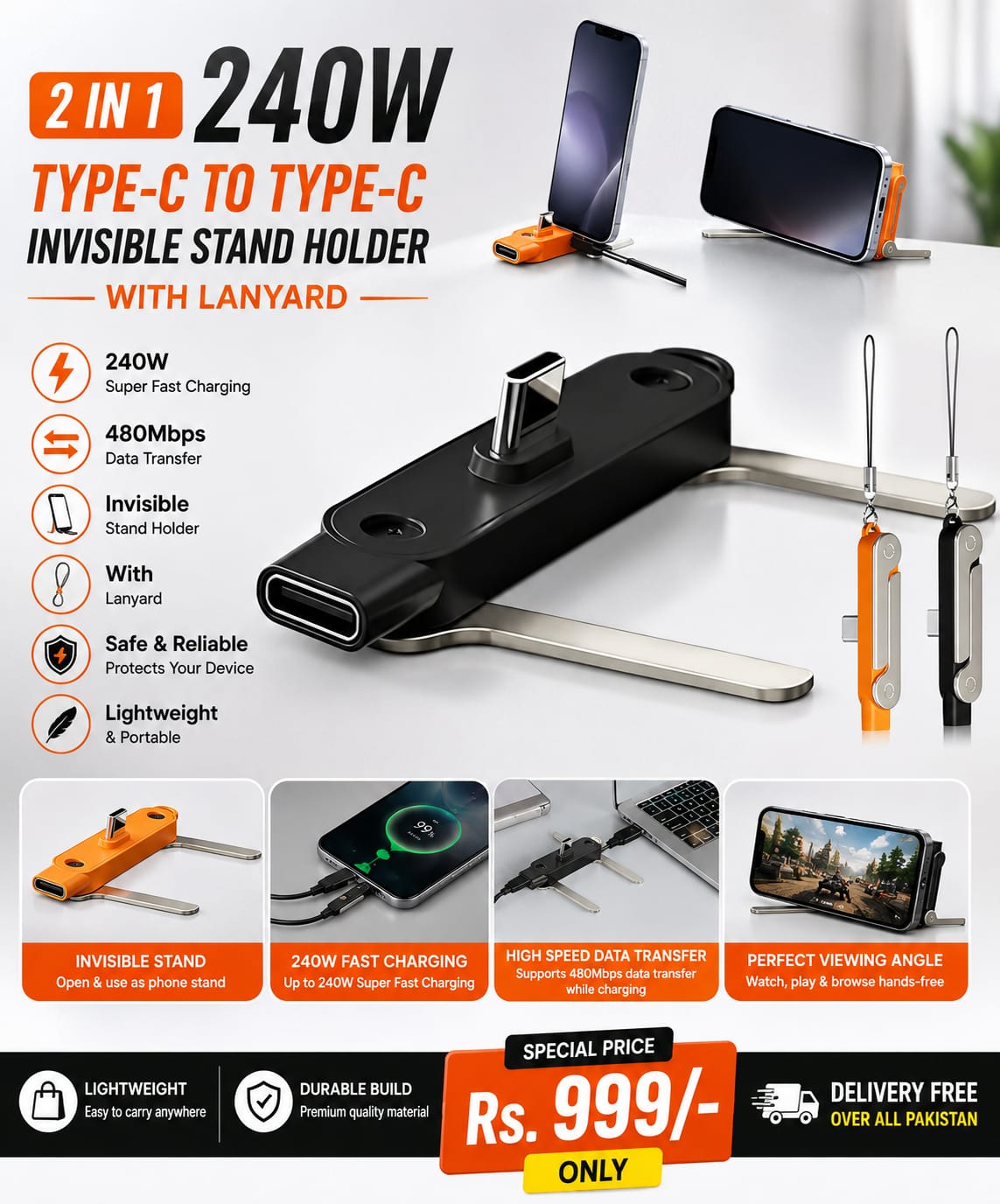 2 IN 1 240W Ty Type-C Invisible Stand Holder with Lanyardpe-C to