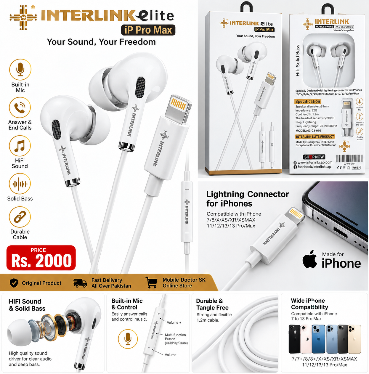 INTERLINK Elite iP Pro Max Lightning Earphones for iPhone – HiFi Solid Bass