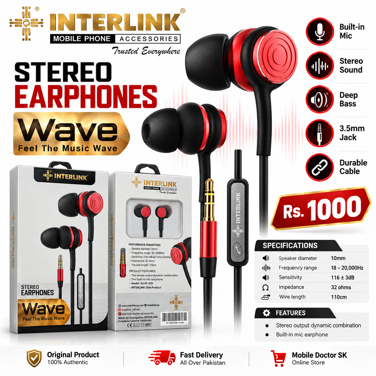 NTERLINK Wave Stereo Earphones with Mic – 3.5mm Jack