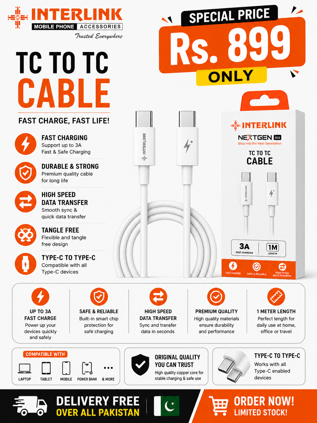 ⚡ INTERLINK Type-C to Type-C PD Cable ⚡