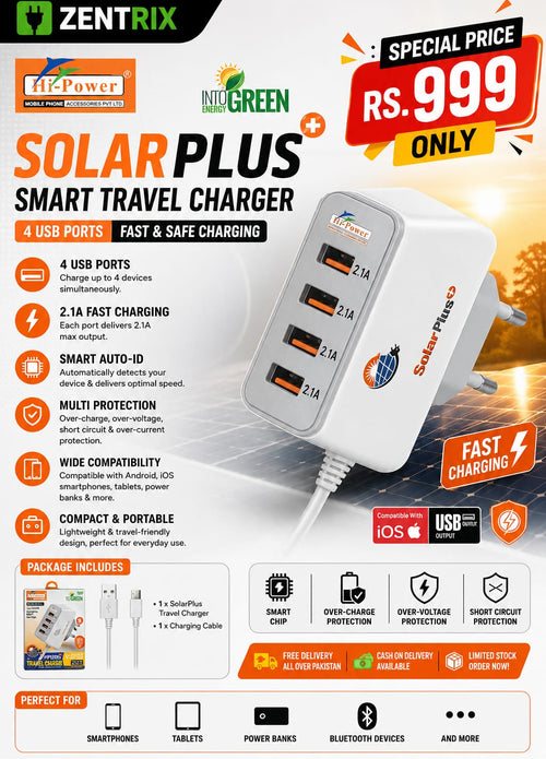 Hi-Power Solar Plus Smart Travel Charger – 4 USB Ports