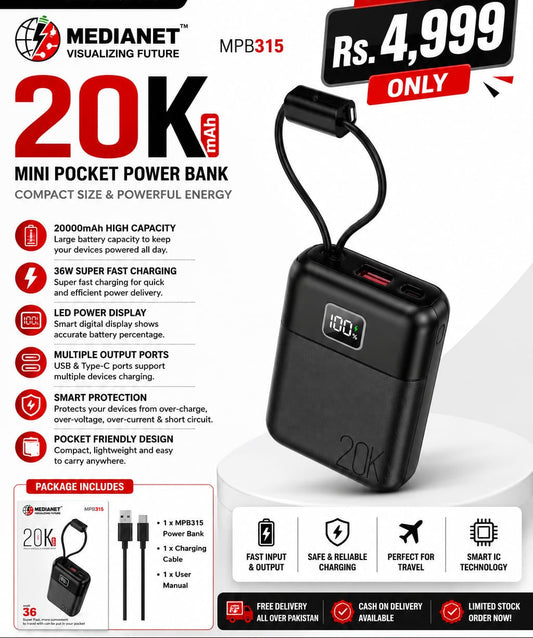 MEDIANET MPB315 20000mAh Power Bank (36W Fast Charging)