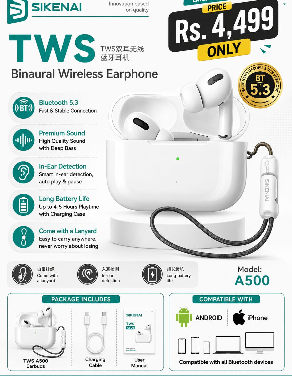SIKENAI TWS A500 Wireless Earbuds