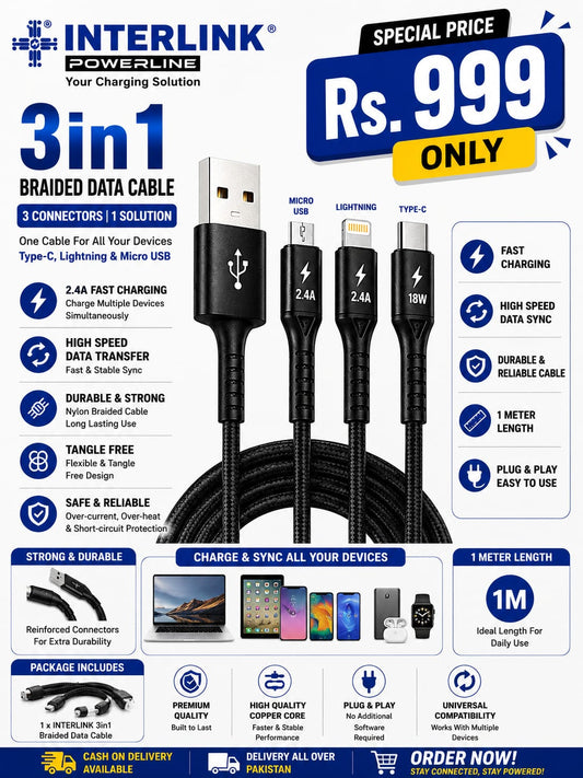 INTERLINK 3 in 1 Braided Data Cable 🔥