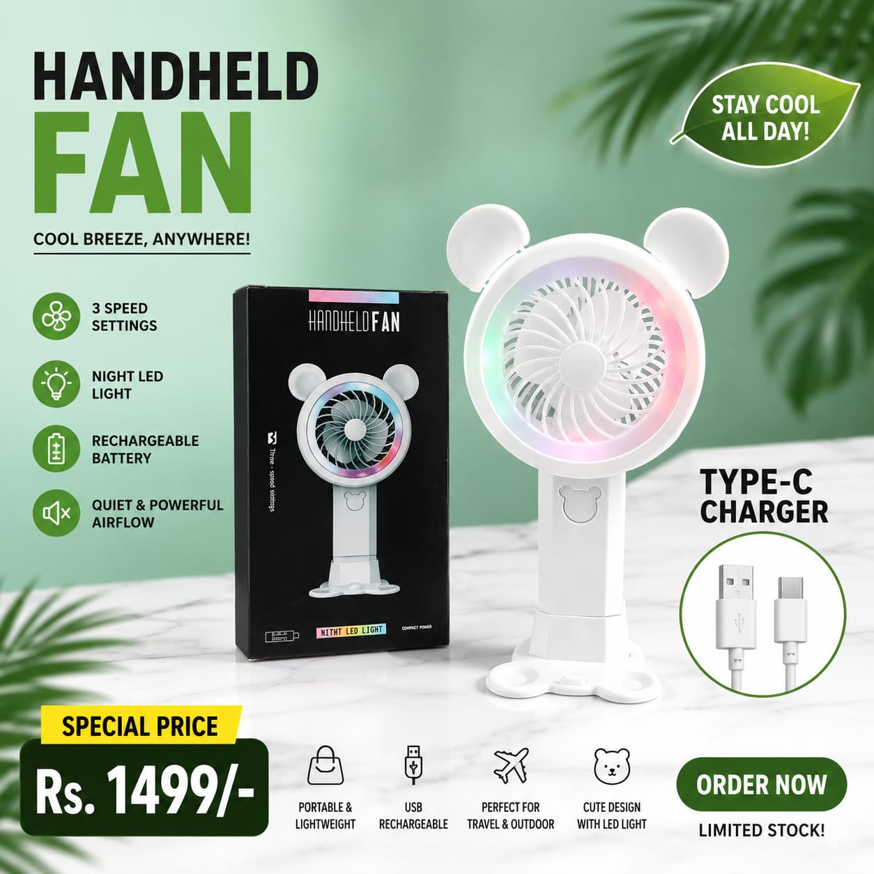 Cute Bear LED Handheld Fan – USB Rechargeable