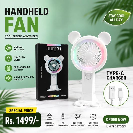 Cute Bear LED Handheld Fan – USB Rechargeable