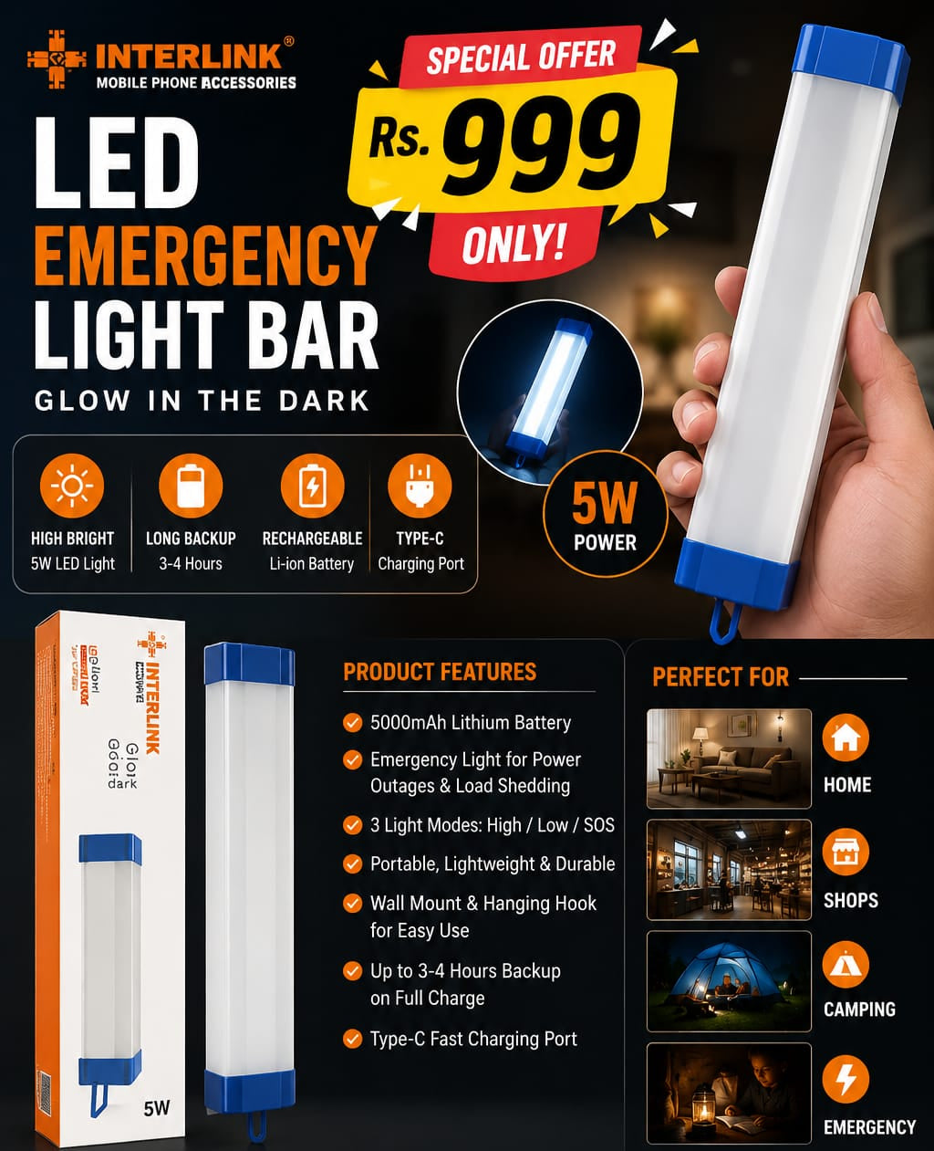 LED Emergency Light Bar – Rechargeable 5W