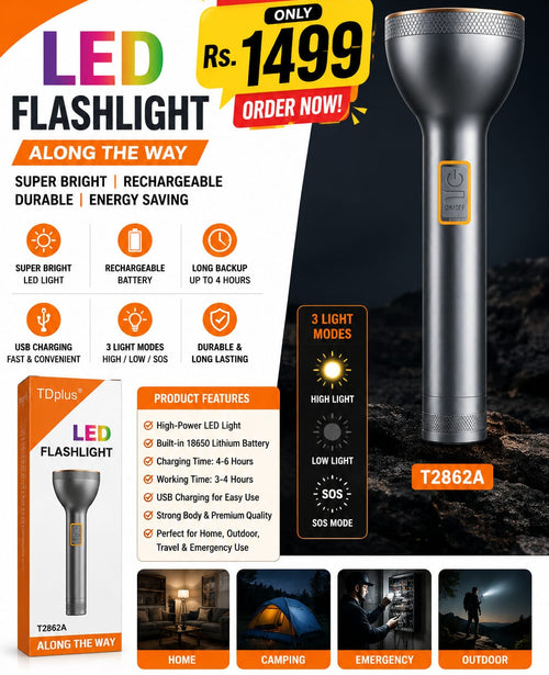 TD plus LED Flashlight T2862A – USB Rechargeabl Torch