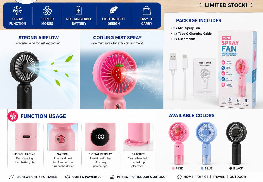 Mini Spray Fan with Water Mist Cooler – USB Rechargeable