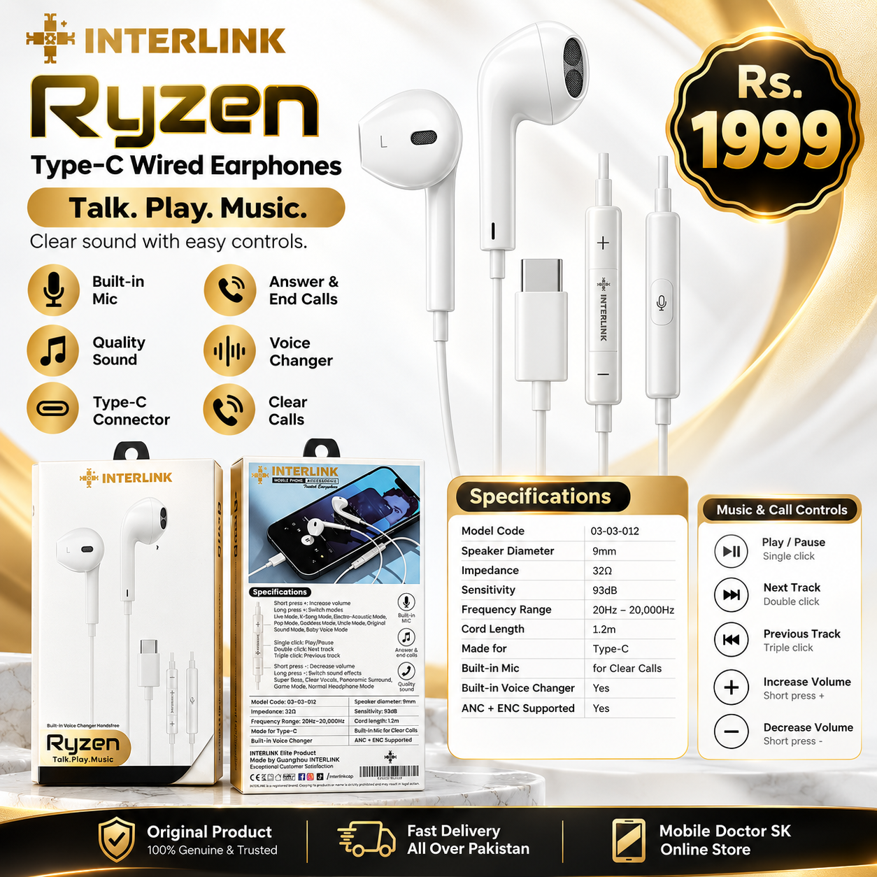 INTERLINK Ryzen Type-C Wired Earphones with Voice Changer & Mic