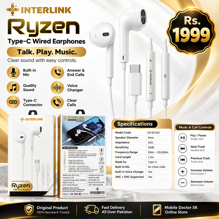 INTERLINK Ryzen Type-C Wired Earphones with Voice Changer & Mic