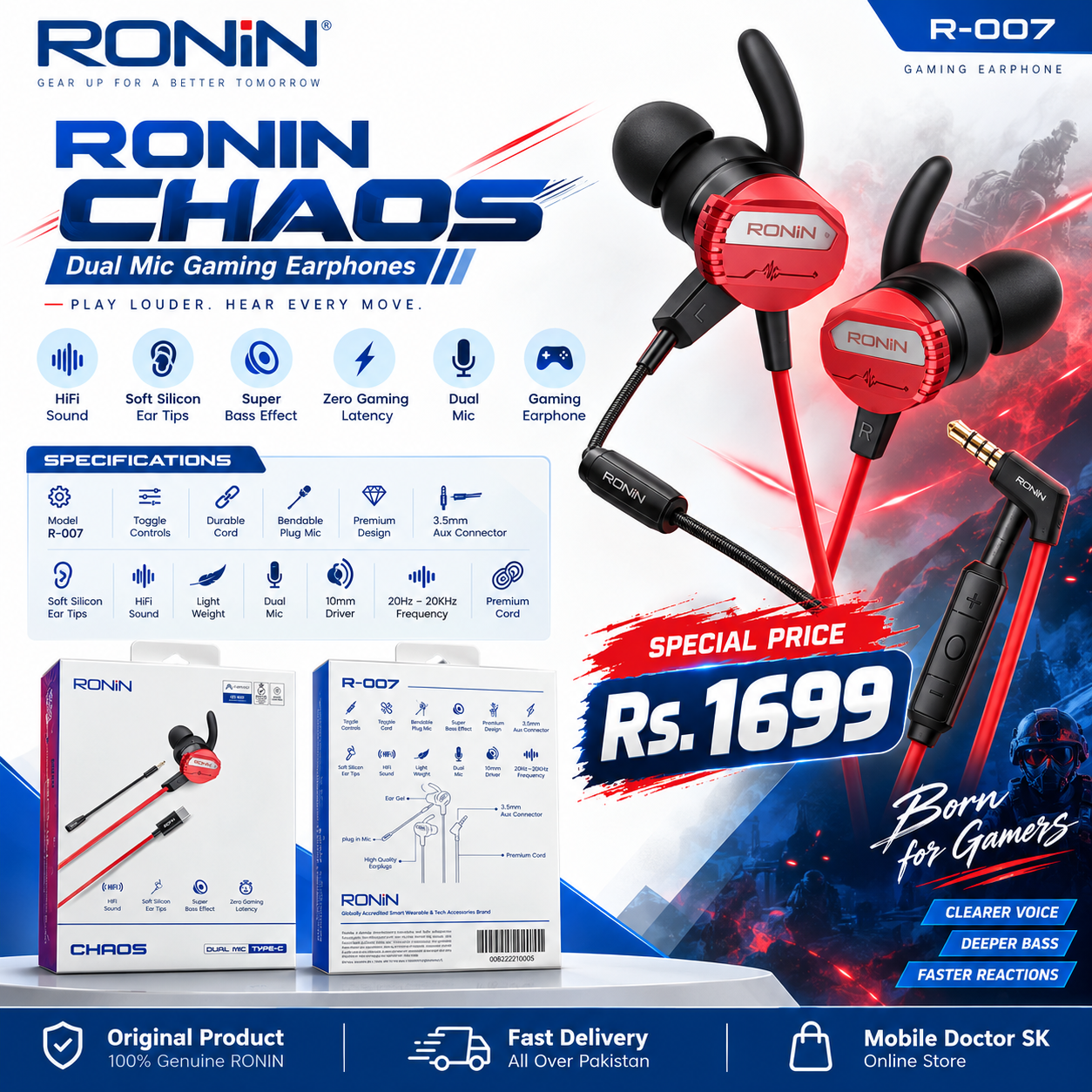 RONIN CHAOS Dual Mic Gaming Earphones – R-007
