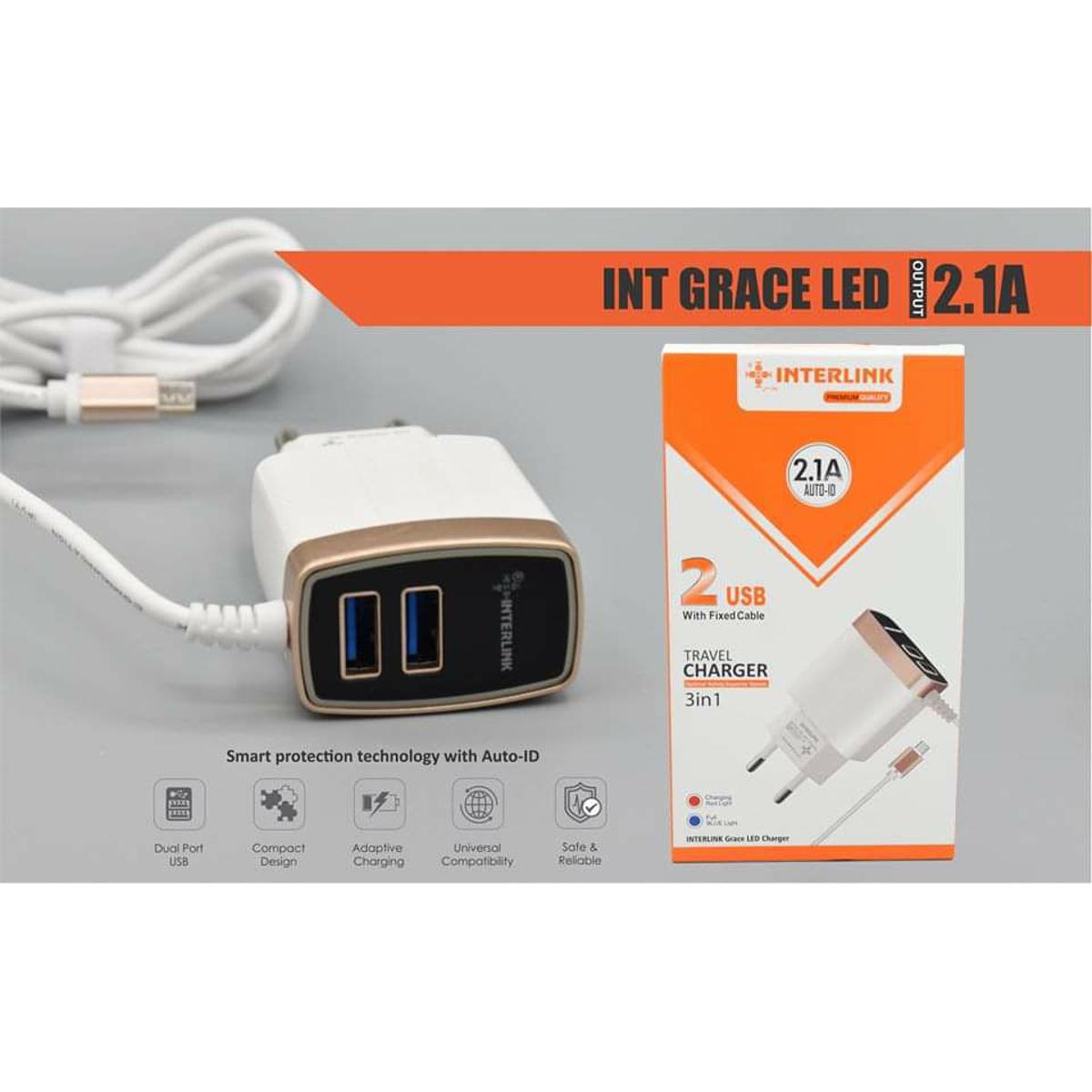 interlink Original Grace LED Travel charger 3 in 1 Fixed Cable